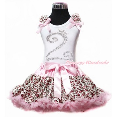 White Tank Top with Light Pink Leopard Ruffles & Light Pink Bows with 2nd Sparkle Crystal Bling Rhinestone Birthday Number Print With Light Pink Leopard Pettiskirt MG922 