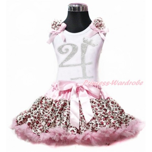 White Tank Top with Light Pink Leopard Ruffles & Light Pink Bows with 4th Sparkle Crystal Bling Rhinestone Birthday Number Print With Light Pink Leopard Pettiskirt MG924 