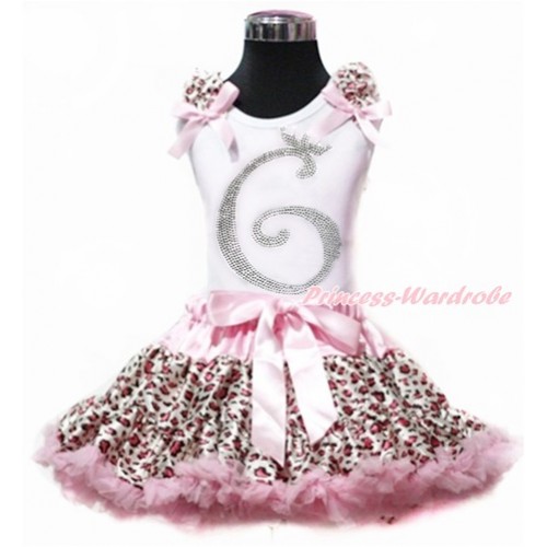 White Tank Top with Light Pink Leopard Ruffles & Light Pink Bows with 6th Sparkle Crystal Bling Rhinestone Birthday Number Print With Light Pink Leopard Pettiskirt MG926 