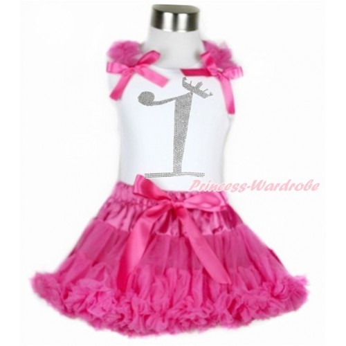 White Tank Top with Hot Pink Ruffles & Hot Pink Bow with 1st Sparkle Crystal Bling Rhinestone Birthday Number Print & Hot Pink Pettiskirt MG927 