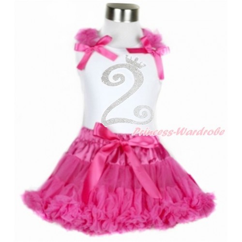 White Tank Top with Hot Pink Ruffles & Hot Pink Bow with 2nd Sparkle Crystal Bling Rhinestone Birthday Number Print & Hot Pink Pettiskirt MG928 