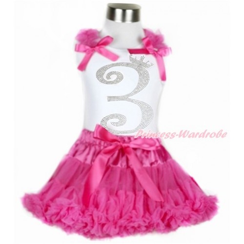 White Tank Top with Hot Pink Ruffles & Hot Pink Bow with 3rd Sparkle Crystal Bling Rhinestone Birthday Number Print & Hot Pink Pettiskirt MG929 