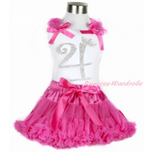 White Tank Top with Hot Pink Ruffles & Hot Pink Bow with 4th Sparkle Crystal Bling Rhinestone Birthday Number Print & Hot Pink Pettiskirt MG930 