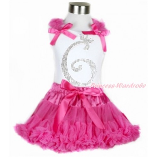 White Tank Top with Hot Pink Ruffles & Hot Pink Bow with 6th Sparkle Crystal Bling Rhinestone Birthday Number Print & Hot Pink Pettiskirt MG932 