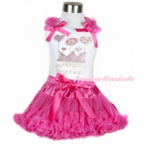 White Tank Top with Hot Pink Ruffles & Hot Pink Bow with Sparkle Crystal Bling Rhinestone Birthday Princess Print & Hot Pink Pettiskirt MG934 