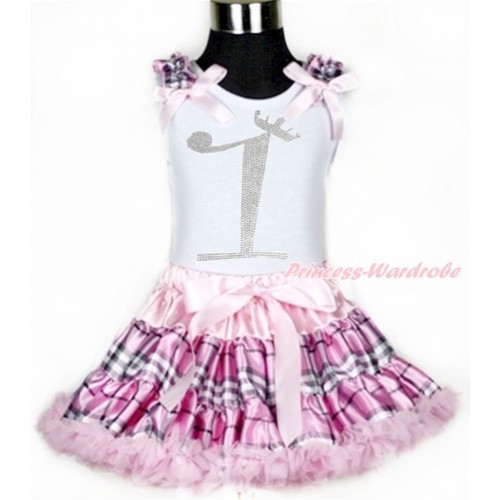 White Tank Top with Light Pink Check Ruffles & Light Pink Bows with 1st Sparkle Crystal Bling Rhinestone Birthday Number Print With Light Pink Check Pettiskirt MG938 