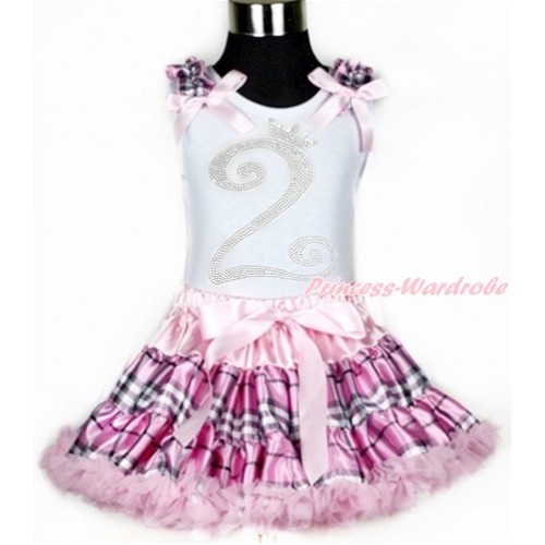 White Tank Top with Light Pink Check Ruffles & Light Pink Bows with 2nd Sparkle Crystal Bling Rhinestone Birthday Number Print With Light Pink Check Pettiskirt MG939 