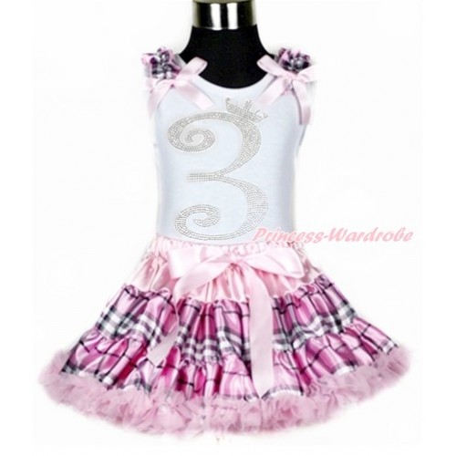 White Tank Top with Light Pink Check Ruffles & Light Pink Bows with 3rd Sparkle Crystal Bling Rhinestone Birthday Number Print With Light Pink Check Pettiskirt MG940 