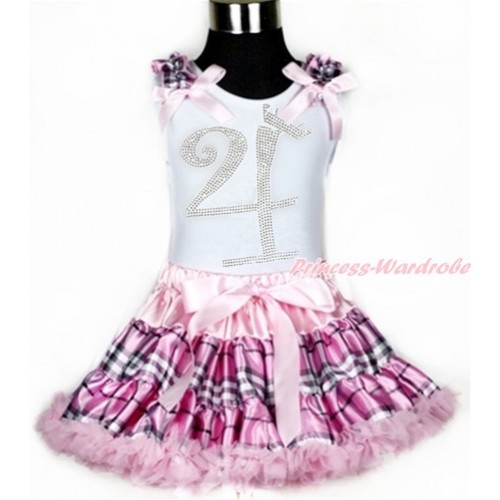 White Tank Top with Light Pink Check Ruffles & Light Pink Bows with 4th Sparkle Crystal Bling Rhinestone Birthday Number Print With Light Pink Check Pettiskirt MG941 