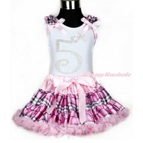 White Tank Top with Light Pink Check Ruffles & Light Pink Bows with 5th Sparkle Crystal Bling Rhinestone Birthday Number Print With Light Pink Check Pettiskirt MG942 