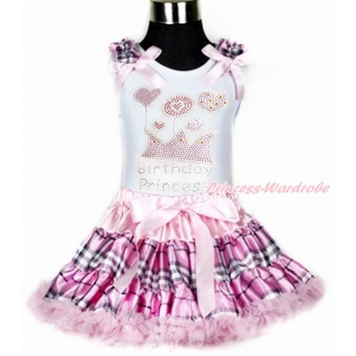 White Tank Top with Light Pink Check Ruffles & Light Pink Bows with Sparkle Crystal Bling Rhinestone Birthday Princess Print With Light Pink Check Pettiskirt MG944 