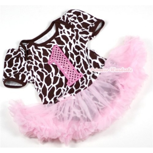 Giraffe Baby Jumpsuit Light Pink Pettiskirt with 1st Sparkle Light Pink Birthday Number Print JS144 