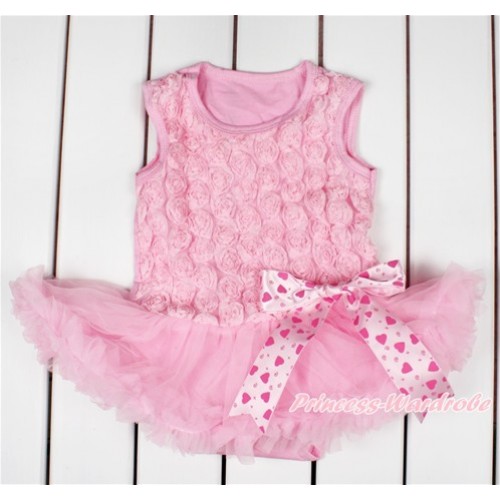 Valentine's Day Light Pink Romanatic Rose Baby Bodysuit Jumpsuit Light Pink Pettiskirt & Light Hot Pink Heart Bow JS2767 