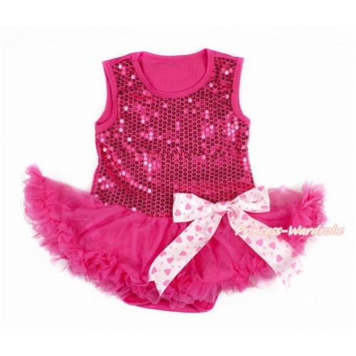 Valentine's Day Hot Pink Sparkle Sequins Baby Bodysuit Jumpsuit Hot Pink Pettiskirt & Light Hot Pink Heart Bow JS2773 