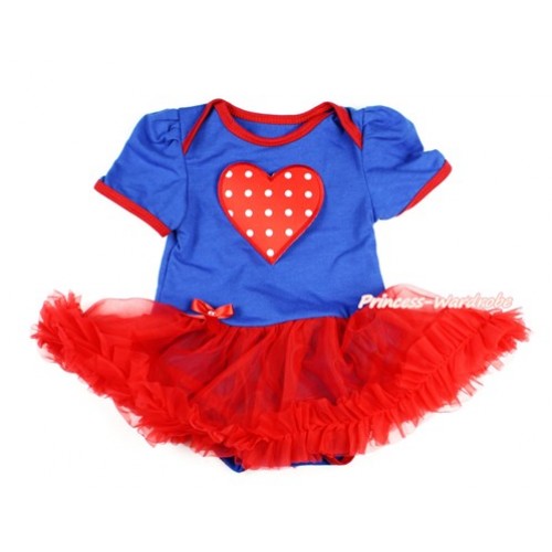 Royal Blue Baby Bodysuit Jumpsuit Red Pettiskirt with Red White Dots Heart Print JS2801 