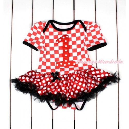 Red White Checked Baby Bodysuit Jumpsuit Minnie Dots Black Pettiskirt with 1st Red White Dots Birthday Number Print JS2808 