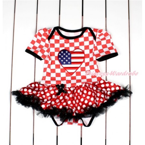 Red White Checked Baby Bodysuit Jumpsuit Minnie Dots Black Pettiskirt with Patriotic America Heart Print JS2809 