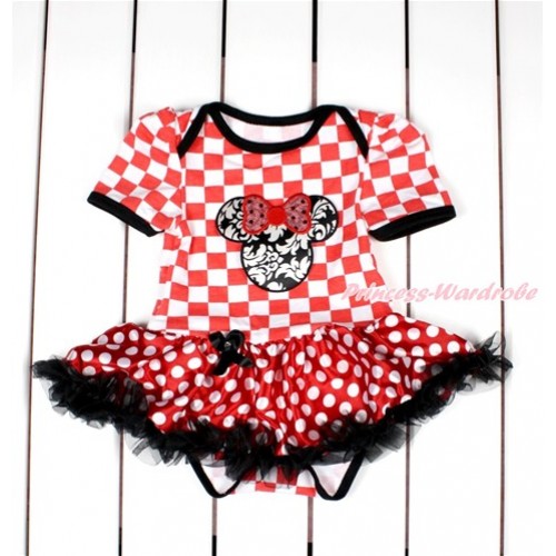 Red White Checked Baby Bodysuit Jumpsuit Minnie Dots Black Pettiskirt with Sparkle Red Damask Minnie Print JS2812 