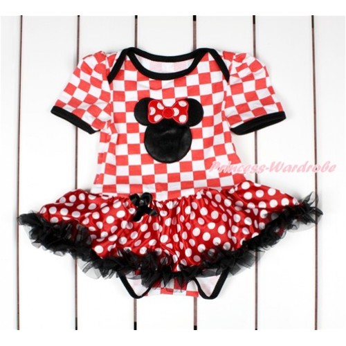 Red White Checked Baby Bodysuit Jumpsuit Minnie Dots Black Pettiskirt with Minnie Print JS2814 