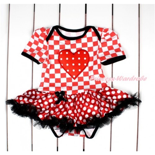 Red White Checked Baby Bodysuit Jumpsuit Minnie Dots Black Pettiskirt with Red White Dots Heart Print JS2815 