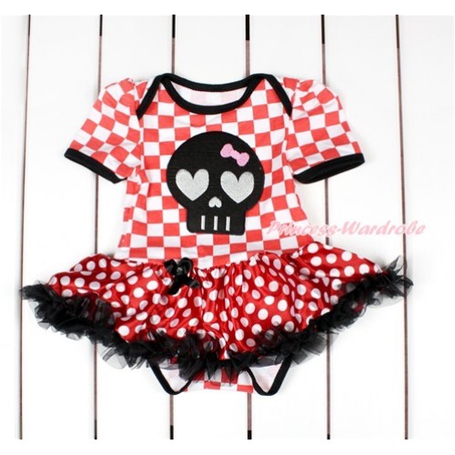 Red White Checked Baby Bodysuit Jumpsuit Minnie Dots Black Pettiskirt with Black Skeleton Print JS2816 