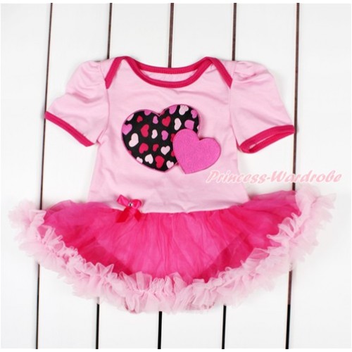 Valentine's Day Light Pink Baby Bodysuit Jumpsuit Hot Light Pink Pettiskirt with Hot Pink Sweet Twin Heart Print JS2823 