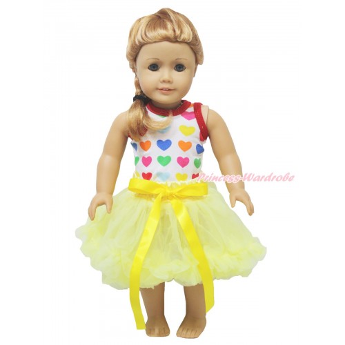 Valentine's Day Rainbow Heart Tank Top & Yellow Bow Pettiskirt American Girl Doll Outfit DO064