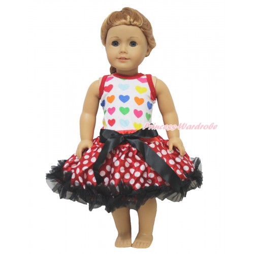 Valentine's Day Rainbow Heart Tank Top & Black Bow Minnie Dots Pettiskirt American Girl Doll Outfit DO065