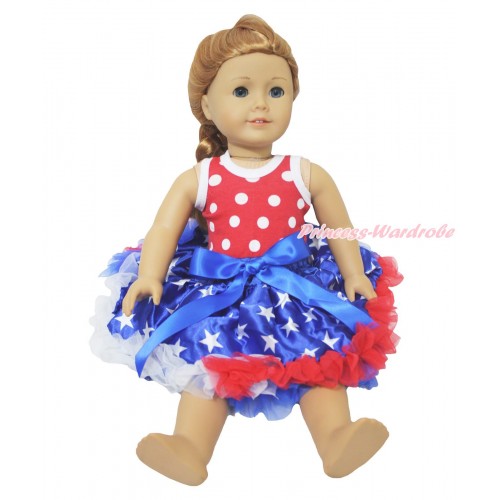American's Birthday Minnie Dots Tank Top & Royal Blue Bow Patriotic American Star Pettiskirt American Girl Doll Outfit DO080