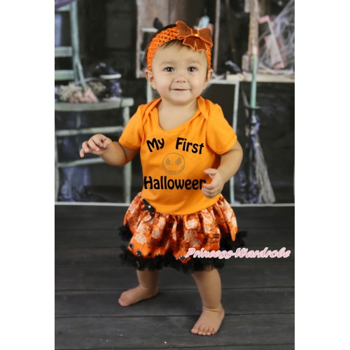 Halloween Orange Baby Bodysuit Orange Black Spider Web Pettiskirt & My First Halloween Painting & Rhinestone Jack Print JS5872