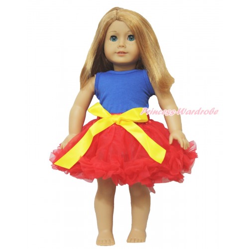Royal Blue Tank Top & Yellow Bow Hot Red Pettiskirt American Girl Doll Outfit DO002