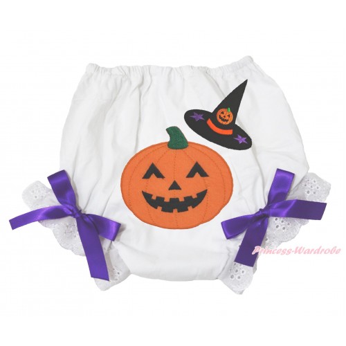 Halloween White Bloomer & Witch Hat Pumpkin Print & Dark Purple Bow BL127