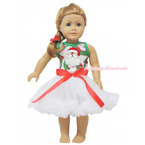 Xmas Santa Claus Tank Top Santa Claus Print & Red Bow White Pettiskirt American Girl Doll Outfit DO032