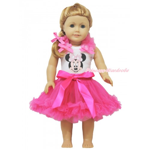 White Tank Top Hot Pink Ruffles & Bows & Light Pink Minnie & Hot Pink Pettiskirt American Girl Doll Outfit DO043
