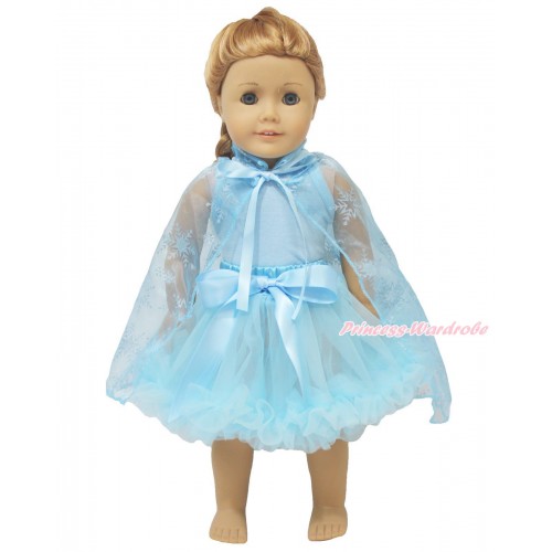 Frozen Light Blue Tank Top & Light Blue Pettiskirt & Sparkle Snowflakes Light Blue Organza Cape American Girl Doll Outfit DO055