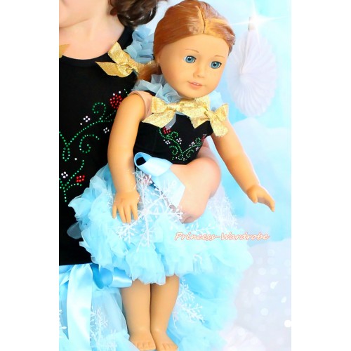 Frozen Black Tank Top Light Blue Ruffles Sparkle Gold Bows & Sparkle Rhinestone Princess Anna & Light Blue Snowflakes Pettiskirt American Girl Doll Outfit DO058