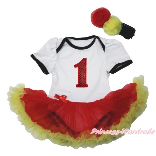 White Baby Bodysuit Jumpsuit Red Yellow Pettiskirt with 1st Sparkle Red Birthday Number Print Black Headband Red Yellow Rose JS3557 