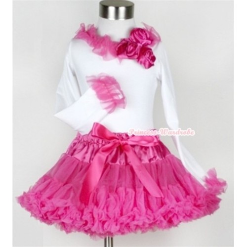  Hot Pink Pettiskirt with Matching White Long Sleeves Top with Bunch of Hot Pink Satin Rosettes & Hot Pink Lacing MW176 