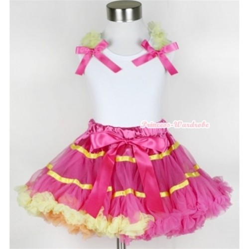 White Tank Top With Yellow Ruffles & Hot Pink Bows With Rainbow Orange Hot Pink Yellow Mix Pettiskirt MN102 