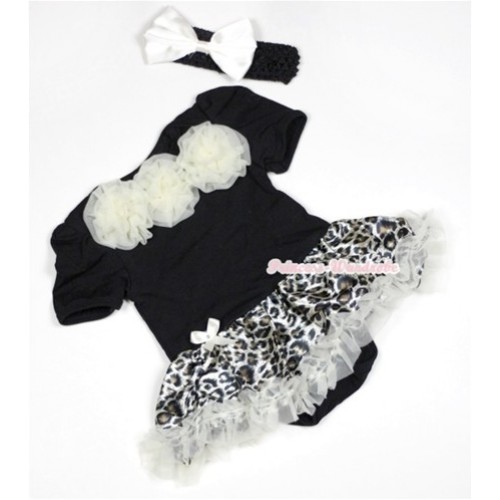 Black Baby Jumpsuit Cream White Leopard Pettiskirt With Cream White Rosettes With Black Headband White Satin Bow JS490 
