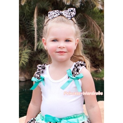 White Tank Top with Damask Ruffles and Aqua Blue Bow T494 