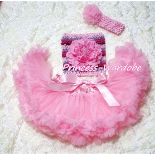 Light Pink Baby Pettiskirt, Pink Peony Pink Fusion Mixed Crochet Tube Top, Light Pink Rose Headband 3PC Set CT192 