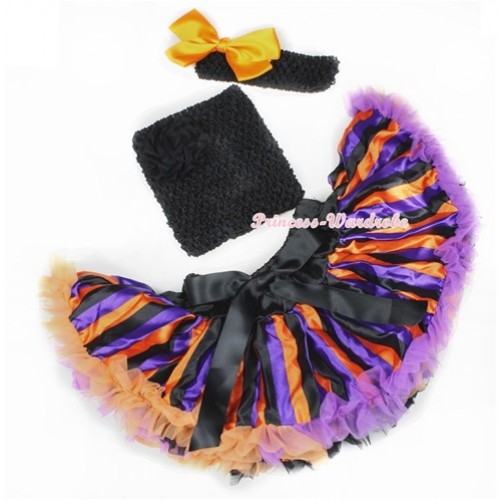 Halloween Dark Purple Orange Black Striped Baby Pettiskirt,Black Crochet Tube Top,Black Headband Orange Silk Bow 3PC Set CT601 