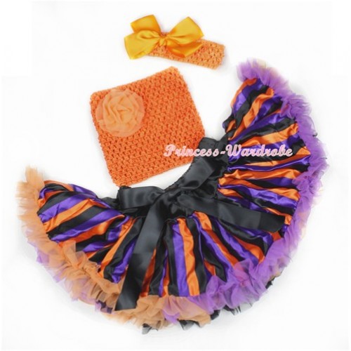 Halloween Dark Purple Orange Black Striped Baby Pettiskirt,Orange Rose Orange Crochet Tube Top,Orange Headband Orange Silk Bow 3PC Set CT603 