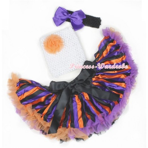 Halloween Dark Purple Orange Black Striped Baby Pettiskirt,Orange Rose White Crochet Tube Top,Black Headband Dark Purple Silk Bow 3PC Set CT604 
