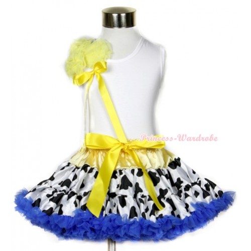 White Tank Top With a Bunch of Yellow Rosettes& Yellow Bow With Yellow Royal Blue Milk Cow Pettiskirt MG636 