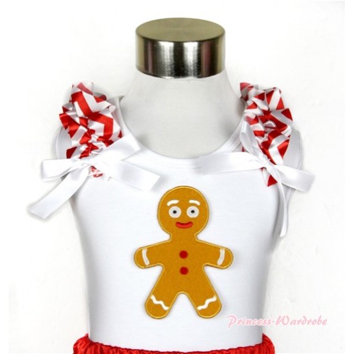Xmas White Tank Top With Brown Gingerbread Man Print with Red White Wave Ruffles & White Bow TB463 
