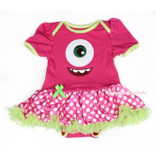 Green Brim Hot Pink Baby Bodysuit Jumpsuit Green Ruffles Hot Pink White Dots Pettiskirt with Big Eyes Monster Print JS1513 