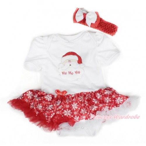 Xmas White Baby Bodysuit Jumpsuit Red Snowflakes Pettiskirt With Santa Claus Print With Red Headband White Red Ribbon Bow JS1538 