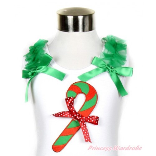 Xmas White Tank Top With Christmas Stick Print & Minnie Dots Bow with Kelly Green Ruffles & Kelly Green Bow TB515 